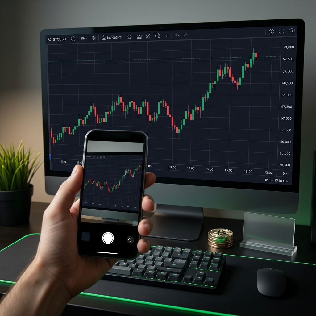 A trader photographing a live crypto candlestick chart on a monitor with their phone, SnapChartGPT reading the chart instantly.